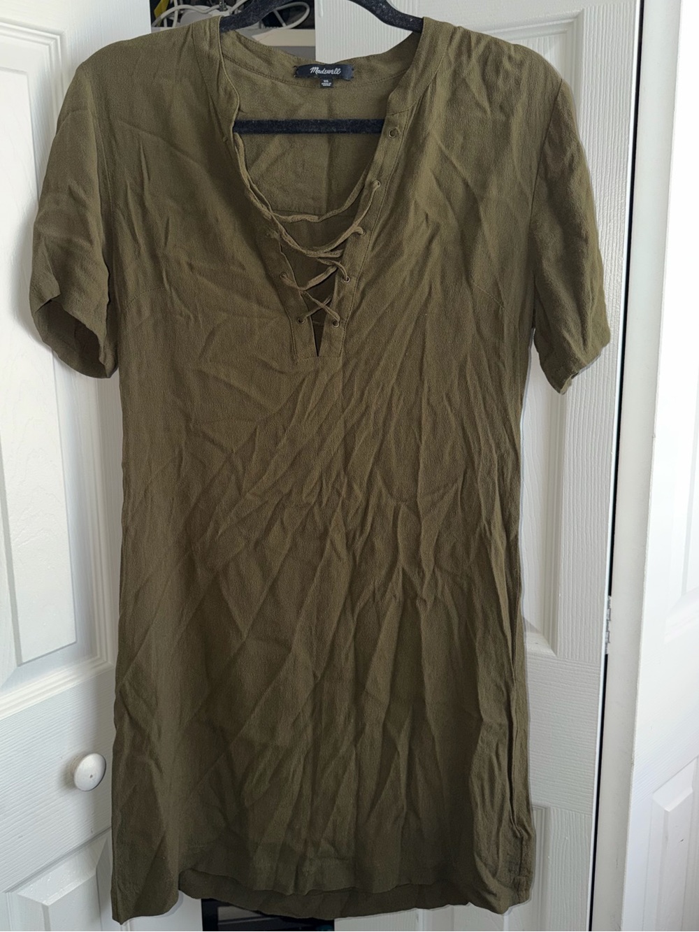 Madewell Novella Olive Green Lace-Up Short Sleeve V-Neck Mini Shift Dress